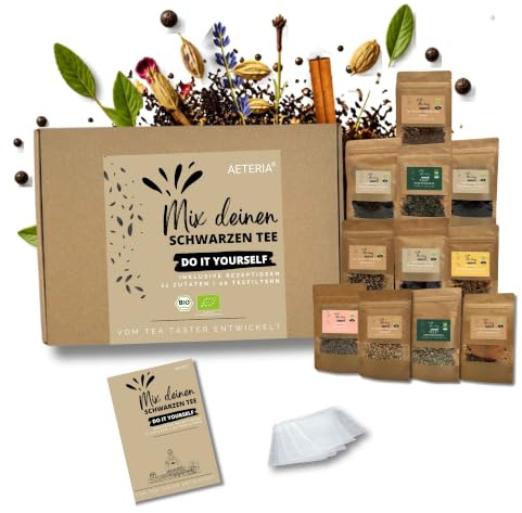 AETERIA® | Vom Tea Taster: BIO Mix deinen Schwarztee | Geschenkset – 11 Zutaten, Rezeptideen & Teefiltern | Kreatives Tee-Geschenk | DIY Teemischung selber machen Set - entdecke deinen Lieblingstee!