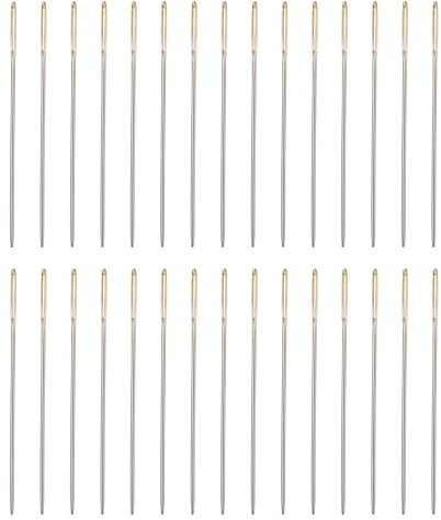 QUARKZMAN 50 stycken stoppade nålar 0,6 mm diameter 34 mm (1,34 tum) längd stor ögla sy broderinålar raka handnålar rostfritt stål för läder gobeläng broderi tufting guld