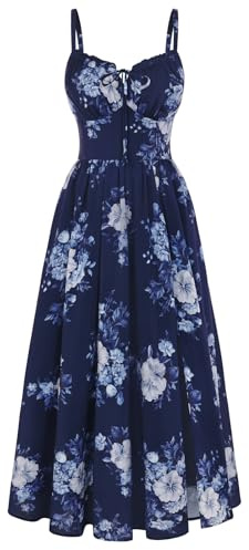 Wedding Guest Dresses for Women Floral Corset Sundress Navy Blue M | V Neck, Slit, with Pockets, for Summer, Tea Party, Graduation, Casual