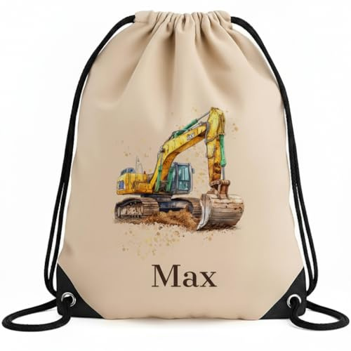 smartaini Turnbeutel mit Namen, Sporttasche Kinder, personalisierter Jutebeutel, Sportbeutel für Kita, Schule & Kindergarten (33x45cm) Stoffbeutel mit Kordelzug (Bagger)