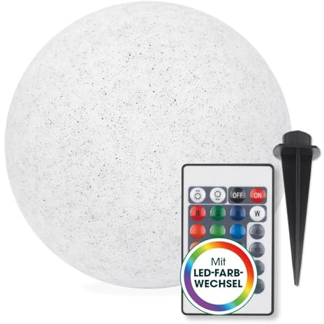EASYmaxx Solarleuchte mit Farbwechsel | LED-Solarleuchte Stein Optik | Solarkugel witterungsbeständig | Solar Kugel mit Fernbedienung | Solar-Leuchte mit Erdspieß | Steinoptik grau weiß