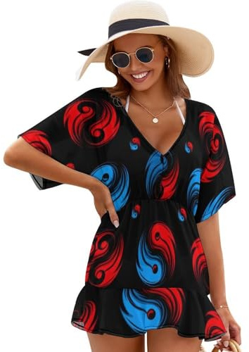 Women's Bathing Suit Cover Up Tai Chi Yin Yang Red Blue Sheer Bikini Beach Dress 2026 V Neck Swimsuit Coverup for Swimwear