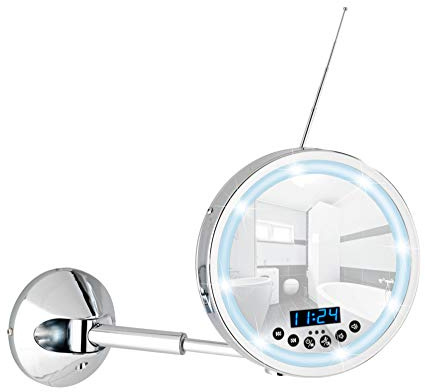 WENKO LED Wandspiegel Imperial - 3-Fach Vergrößerung, mit Bluetooth Funktion, USB-Port und Mikrofon, Spiegelfläche ø 16.5 cm 300% Vergrößerung, Stahl, 21 x 27 x 13-38 cm, Chrom