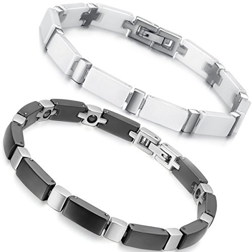 Flongo Keramik Armband Porzellan Damen: pink weiss schwarz silber Herren Pärchen Armbänder Armreif Edelstahl Armkette dünn für Frauen Männer Paar