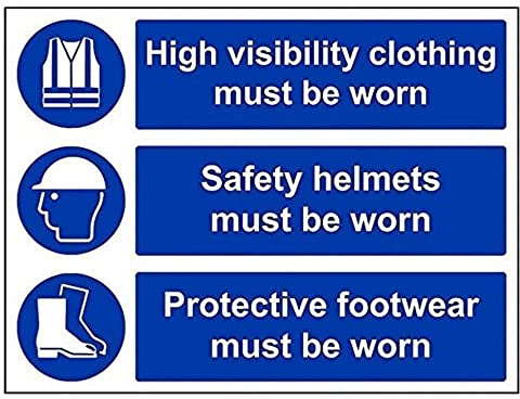 V Safety High Vis, Helmet And Footwear Must Be Worn PPE Sign - 400mm x 300mm - 1mm Rigid Plastic