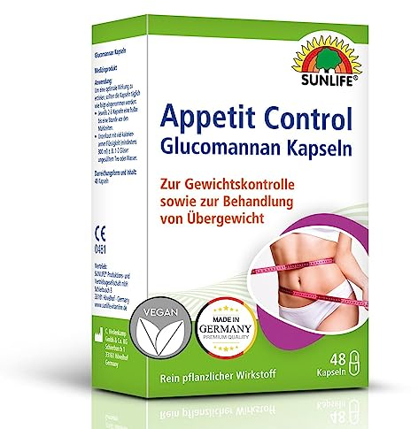SUNLIFE Apetit Control Kapseln - 1 x 48 Stück - hochwertige 400mg Glucomannan Kapseln - aufquellende Appetitzügler Kapseln - rein pflanzliches Nahrungsergänzungsmittel ohne Konservierungsstoffe