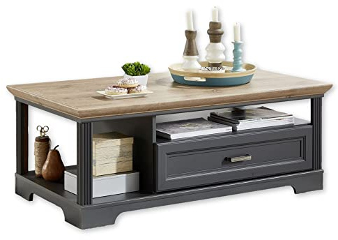 Stella Trading JASMIN Couchtisch in Artisan Eiche Optik, Graphit - Sofatisch mit Schublade & Ablage für Ihren Wohnbereich im Landhausstil - 120 x 45 x 67 cm (B/H/T) | Sofatisch für das Wohnzimmer im Landhausstil, 1 Schublade, 2 Ebenen, viel Stauraum für Zeitschriften und Zubehör, Landhaus