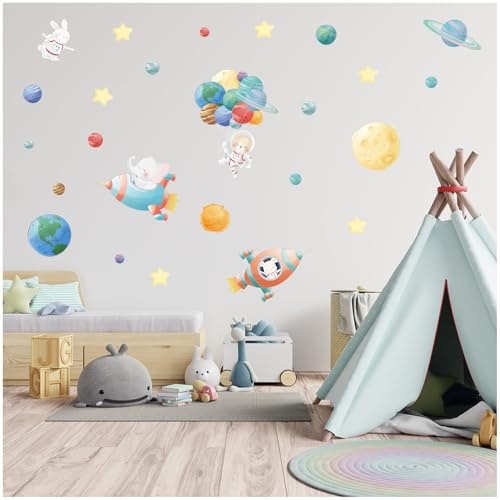 Wandsticker personalisiert Sticker Aquarell Tiere mit Name Wandtattoo für Kinderzimmer Babyzimmer Spielzimmer Mädchen Junge Y037 (Nr. 8 Weltraum Tiere, Ohne Wunschname)