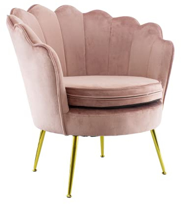 Mediawave Store - Poltrona Imbottita con Schienale a Conchiglia, in Velluto, Sedia Stile Vintage, Piedi in Metallo Oro, Sedia Poltrona da Salotto, Soggiorno (Rosa Antico)