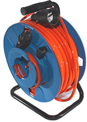 Hilark Garten-Elektrokabeltrommel, Rückspule, Kabeltrommel H07BQ-F 3g2,5 mm2, Schuko-Stecker und Steckdose, Klappsteckdose (50 meter, Orange)