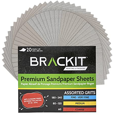 BRACKIT 20 Piece Sandpaper Sheet Set – 4 Sheets per Grit – Assorted Grits 60, 80, 120, 180, 240 – Sandpaper for Wood, Metal, Walls, Plastic – Fine Grit Sandpaper Sheets – Anti-Clogging Finish