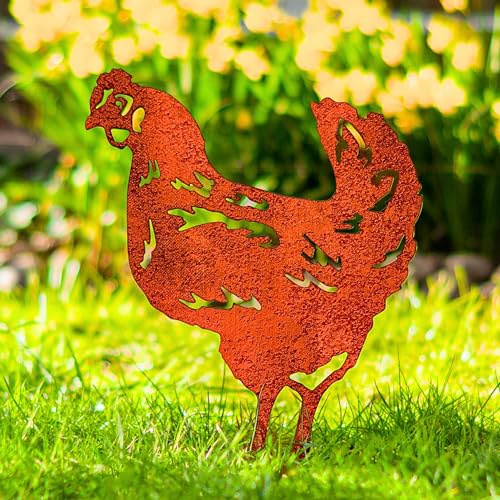 Chicken Stakes Set Pecking Hen Metal Rooster Spike Cockerel Lawn Decor Farmhouse Bird Garden Ornament Art for Pot Planter Flower Bed Rustic Statue (Natural)