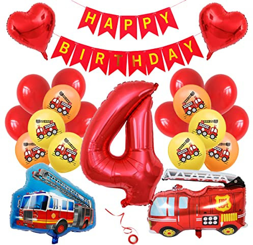 Feuerwehrmann Luftballons 4. Geburtstag Deko - Feuerwehrauto Folienballon Junge 4 Jahre