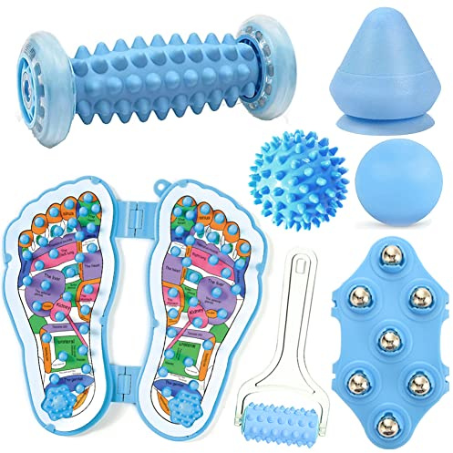 Pelota masaje,rodillo masaje, pelota masaje pies, Kit 7 en 1,rodillo fascitis plantar,Bolas masajeadores de pies para Músculo, Cervical, Espalda, Nalgas, Hombro, Brazos, Reducción del estrés