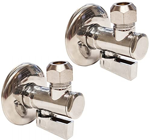 Sanixa Premium Eckventil Set 2er, Verchromtes Messing, Ideal für Küche & Bad, Inkl. Wandrosetten, 1/2 & 3/8 Anschlüsse Anschlussventil Waschbecken Spülbecken Armatur Absperrventil