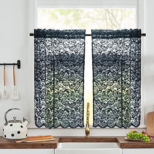 ALIGOGO Cortinas de cocina de encaje negro de 36 pulgadas de largo, elegante, estilo gótico, para dormitorio, baño, bolsillo para barra, ventana pequeña, Halloween, decoración bohemia de habitación, 2
