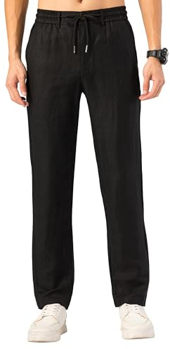 TONY BACKER Lätta herrlinnebyxor med fickor sommar yoga fritidsbyxor med dragsko elastisk midja F7221, Svart, 46W