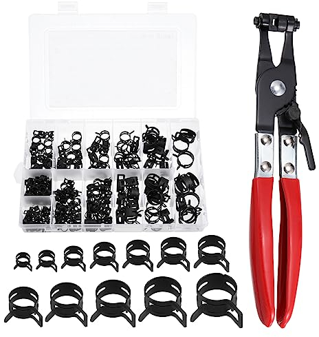 sourcing map 210Pcs 7-25mm 12 Size Spring Band Hose Clamp with Swivel Clamp Plier Assortment Kits, Fuel/Silicone Vacuum Hose Pipe Clamp Low Pressure Air Clip Clamp, Black