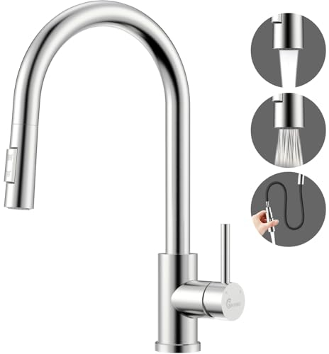 Rubinetto Lavello Cucina, WAVEWO Rubinetto Cucina con Doccia Estraibile con 2 Modalità Spruzzo, Miscelatore Cucina Ad Alta Pressione, Rubinetti cucina monocomando girevoli a 360°, Argento Spazzolato