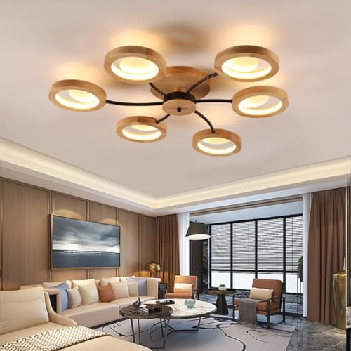 LED Deckenleuchte Holz Dimmbar Rund Deckenlampe Schlafzimmer mit Fernbedienung Bürodeckenleuchten Holzlampe Moderne Metall Blumendesign Schlafzimmerlampe Decke für Büro Küche Beleuchtung (Size : 6 he