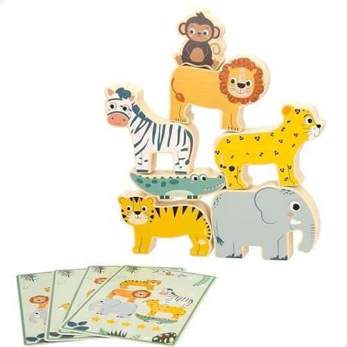 WOOMAX - Torre Animales de Madera, Zookabee, Incluye Tarjetas y Bolsa almacenaje Tela, Juego Equilibrio, Safari, Apilables, para bebés 24 Meses, Juguetes niños 2 años, Juegos educativos, FSC (47568)