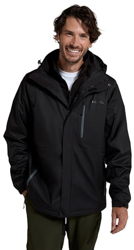 Mountain Warehouse Bracken Extreme Mens 3 in 1 Waterproof Jacket – Adjustable Mens Coat, Warm Rain Jacket, Headphone Compatible Outerwear – Spring Summer, Camping Jet Black S