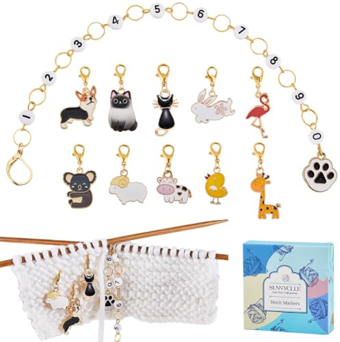 SUNNYCLUE 1 Box 11Pcs Knitting Stitch Markers Locking Knitting Marker Cartoon Animals Number 0-9 Knitting Row Counter Chains Enamel Crochet Stitch Marker Set for Knitting Weaving Sewing DIY Supplies