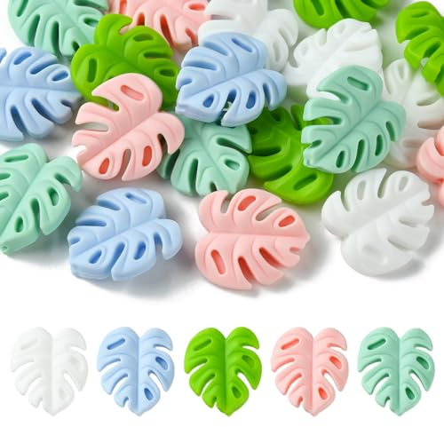 UR URLIFEHALL 20 pcs 5 couleurs Perles en silicone en forme de feuille Perles en silicone Monstera en forme de feuille Perles intercalaires en vrac pour stylos Fabrication de bijoux