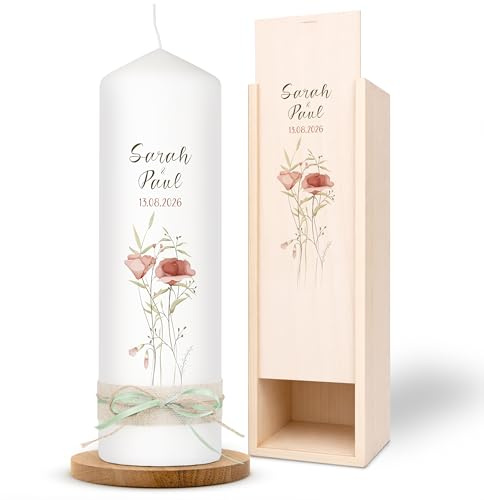 AMARI ® Hochzeitskerze personalisiert Flower 25/8 cm - mit Namen & Datum – Elegante Traukerze für Hochzeit & Standesamt – Individuelles Geschenk zur Trauung