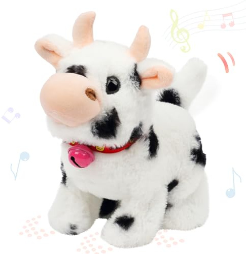 Hopearl Walking Cow Interactive Electronic Pet Plush Diary Cattle Toy with Sounds and Movements MOO Nodding Head Wag Tail Animated Gift for Toddlers Birthday, Black, 7''