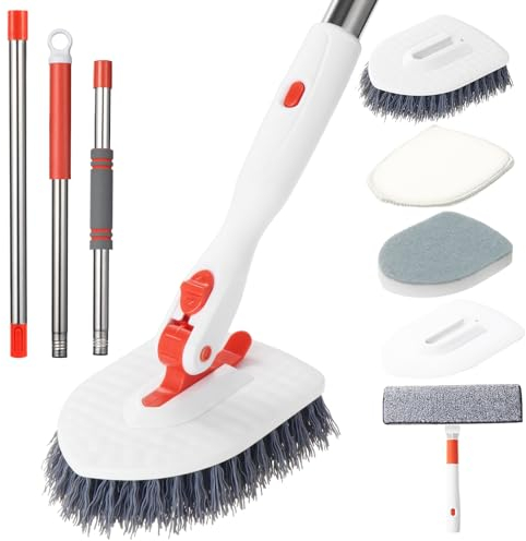 Roxanex 4-in-1 Bathroom Tub Tile Scrubber with 130cm Long Handle, 2-in-1 Window Squeegee Cleaner, 3 Scrubbing Brush, Upgraded Shower Cleaning Brush for Bathtub Floor Wall Baseboard