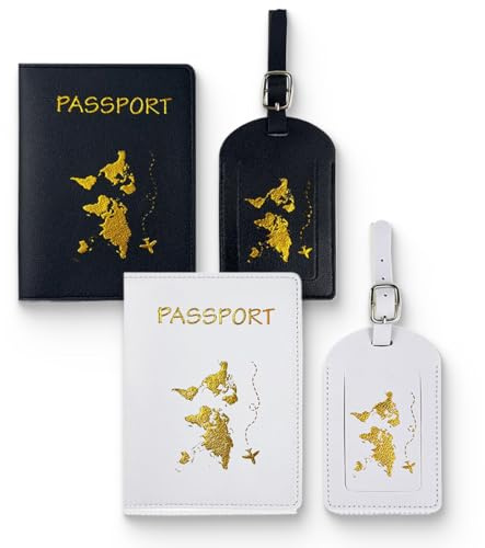 KSJEHW 4 Stück Reisepasshülle, Passport Holder und Kofferanhänger Set, PU Leather Gepäckanhänger Passport Cover für Kreditkarten Ausweis und Reisedokumente Schwarz Weiß