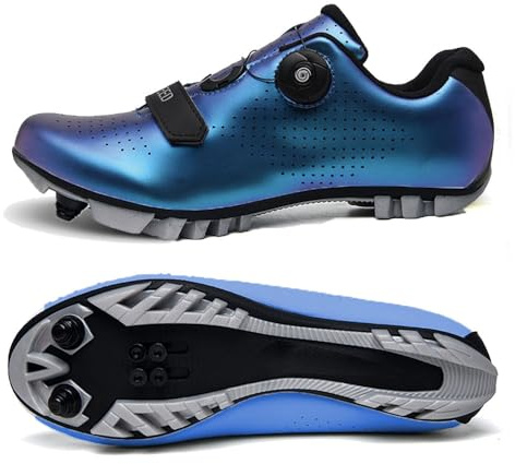 Treer Chaussure VTT Respirantes Chaussures de Cyclisme Homme et Femmes, Chaussure Velo Route Hommes Chaussures Velo Route avec Crampons Antidérapants Semelle Dure Chaussures de Vélo 38EU Bleu Aurora