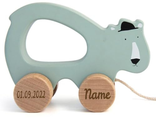 Trixie Nachziehtier Holz PERSONALISIERT mit Name und Datum graviert Motorikspielzeug Schiebetier Polarbär
