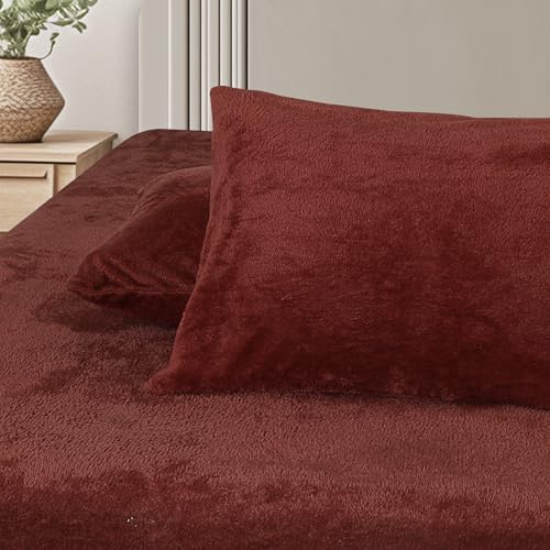 Marquess Ultra Soft Cozy Fleece Fitted Sheet with Extra Deep Pockets | Plush Cozy Warmth |1 Deep Pocket Furry Fleece Fitted Sheet and 2 Piece Standard Size Pillowcases(Burgundy, King)