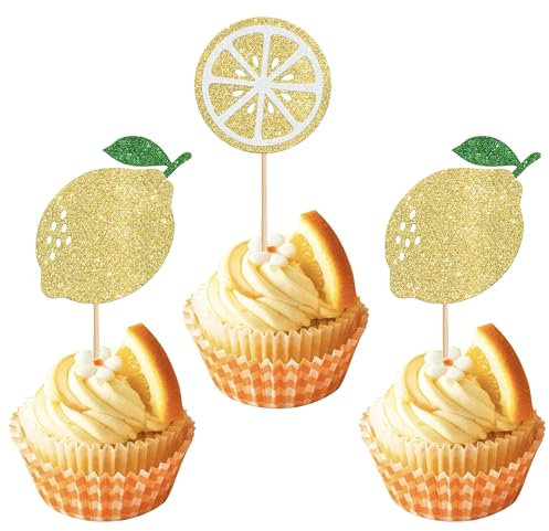 Rsstarxi 24 Pack Lemon Cupcake Toppers Lemon Cake Decorations Fruits Theme Lemonade Party Decor for Summer Fruits Lemon Theme Baby Shower Boy Girl Birthday Party Decorations