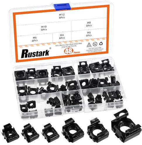 Rustark 48Pcs 6 Sizes Black Carbon Steel Cage Nut Metric Snap-in Cage Nuts Square Rack Mount Clip Nuts Captive Nut Rack Nuts for Server Shelve Cabinet