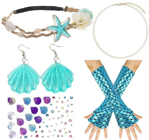 XINDY Meerjungfrau Kostüm Damen, Meerjungfrau Haarreif Meerjungfrau Haarschmuck Muschel Ohrringe Perlenkette Handschuhe Meerjungfrau Accessoires Damen Fisch Kostüm Fasching Karneval Kostüm