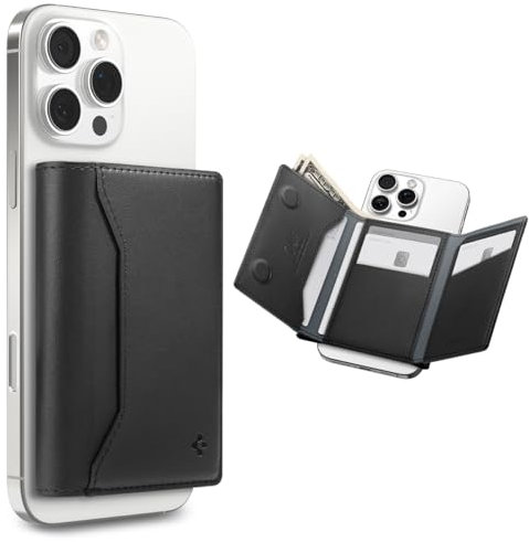 Spigen Valentinus S MagFit Magsafe Wallet 7 Kartenfächer, Geldscheinfach, Apfelleder, RFID-Schutz, Multifunktionaler Ständer für iPhone 17/16/15, MagSafe-Modelle, Google Pixelsnap - Schwarz