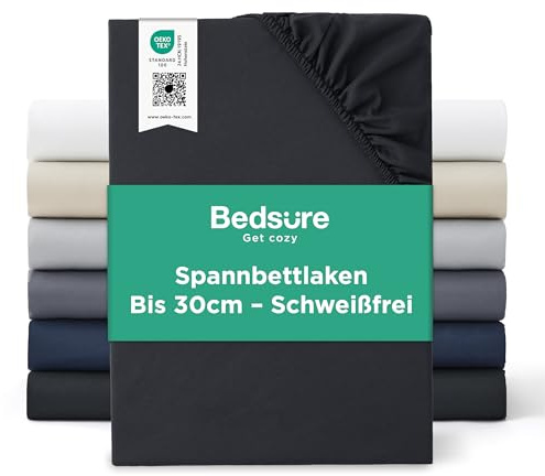 Bedsure Spannbettlaken 90x200cm Bettlaken Mikrofaser - bis 30cm, Schwarz | Spannbetttücher mit Gummizug & Tiefe Tasche, für Boxspringbett und Dicke Matratzen, Atmungsaktiv & Schnelltrocknend, Oeko-TEX