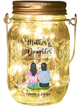 NOONATIVE Mother & Daughter Forever Linked Together Mason Jar Light,Personalized Mason Jar Night Light with Portrait & Name,Custom Home Decoration Lights,Mothers Day Birthday Gift for Mom