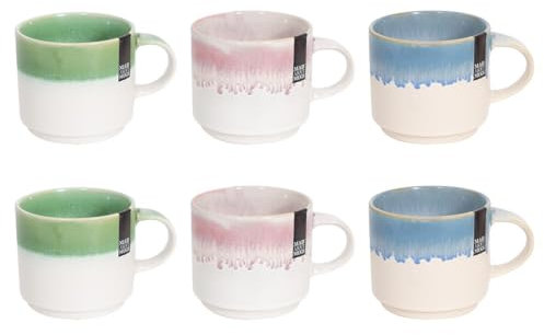 Set of 6 Reactive Glaze Stoneware Coffee Mugs Tea Cups Home Pink Green Blue Heavy Dishwasher Safe Kitchen Stackable Mug Set
