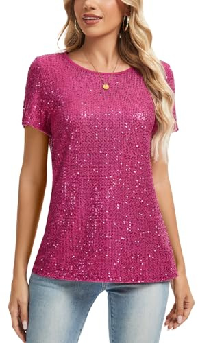 MINTLIMIT Damen Pailletten Glitzer Tops Oberteil Kurzarm Rundhals T-Shirt Bluse Fully Lined Freizeit Party Festival Club