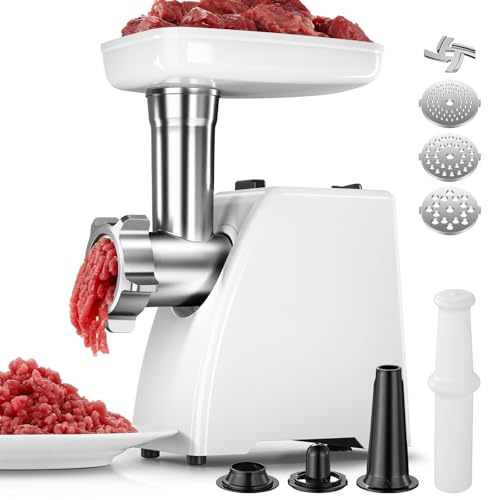 AMZCHEF Elektrischer Fleischwolf für die Haushaltsküche – mit 3 Platten, Wurstfüller & Kubbe-Zubehör | Perfekt für Hackfleisch, Würste & Zuhauseinsatz