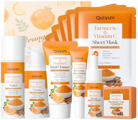 QUIYUM Coffret cadeau curcuma et vitamine C, coffret de soins visage 11 pièces pour femmes, routine skincare hydratante, hydratation intense et éclat naturel, adapté à tous les types de peau