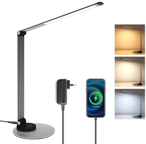 Fuligent LED Desk Lamp with Stable Base, USB Charging Foldable Eye-Caring Desk Light with 6 Brightness Levels & Touch Control, Durable Metal Table Lamp for Crafts, Reading, Office, Bedside or Dorm