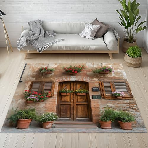 Dpvbffx Italien Toskana Teppich rutschfest Weich | Mediterrane Dorf Scenery Teppich Wohnzimmer 80x150 cm, Kinderzimmer, Stadt Landschaft Teppiche Kurzflor Waschbare fur