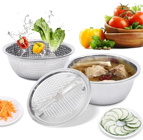 3 in 1 Multifunctional Stainless Steel Basin (Filter, Grater，Bowl) Drain Basket Grater​ Stackable Grater Bowl Vegetables Cutter and Fruits Washing Bowl with Drain Basket Kitchen Tools 3 Set 28Cm