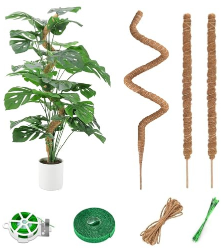SINZONEu® Tutore Piante Rampicanti 3 Pezzi (120+60cm) - Palo di Fibra di Coco Regolabile con Corda & Fascette, per Piante d'Appartamento Monstera/Filodendro
