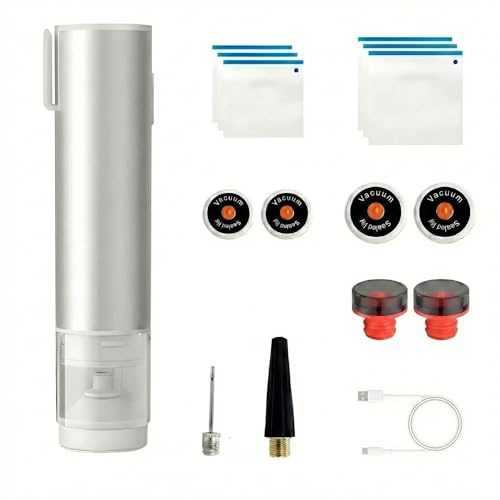 QUMOX Kit Pompe Sous Vide Portable, Pompe Electrique Rechargeable pour Couvercles de Bocaux et Sacs Sous Vide, Bouchons Vin, Boites Alimentaires, Aiguille Ballon et Embout Gonflage, USB-C